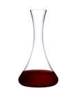Cone shaped tall wine decanter in lead-free crystal, presented with red wine in it on white background