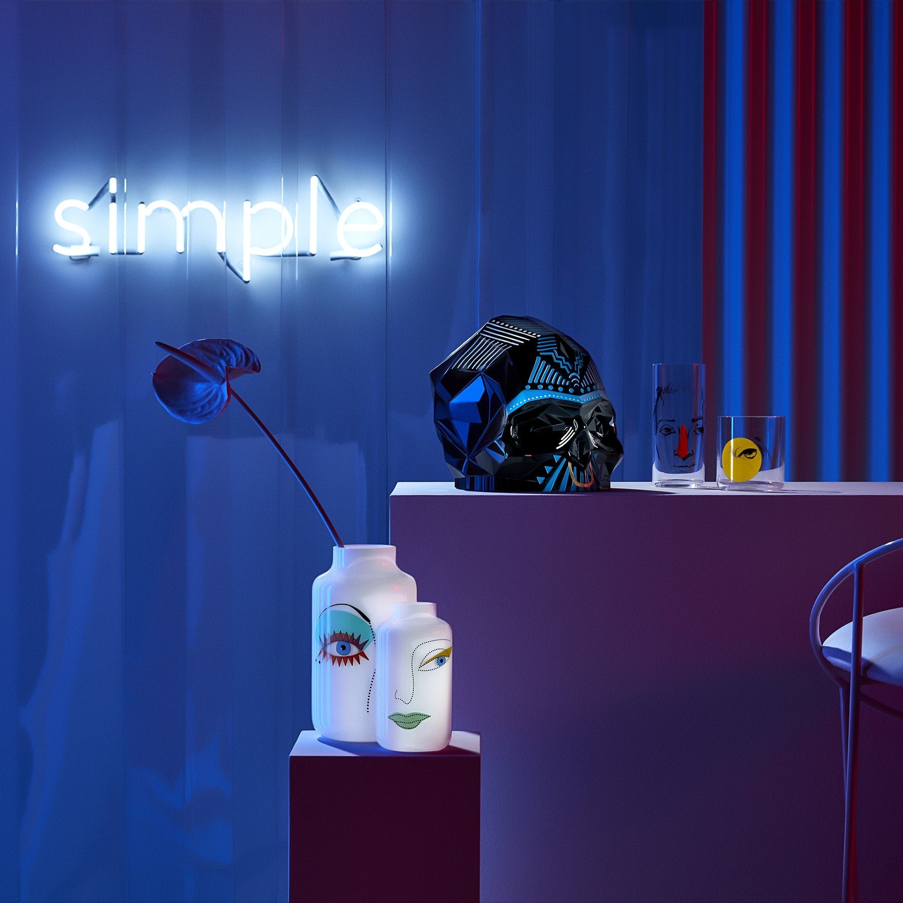 NUDE Mini Magnolia Rock & Pop vases diplayed within the collection in a neon lifestyle scenery