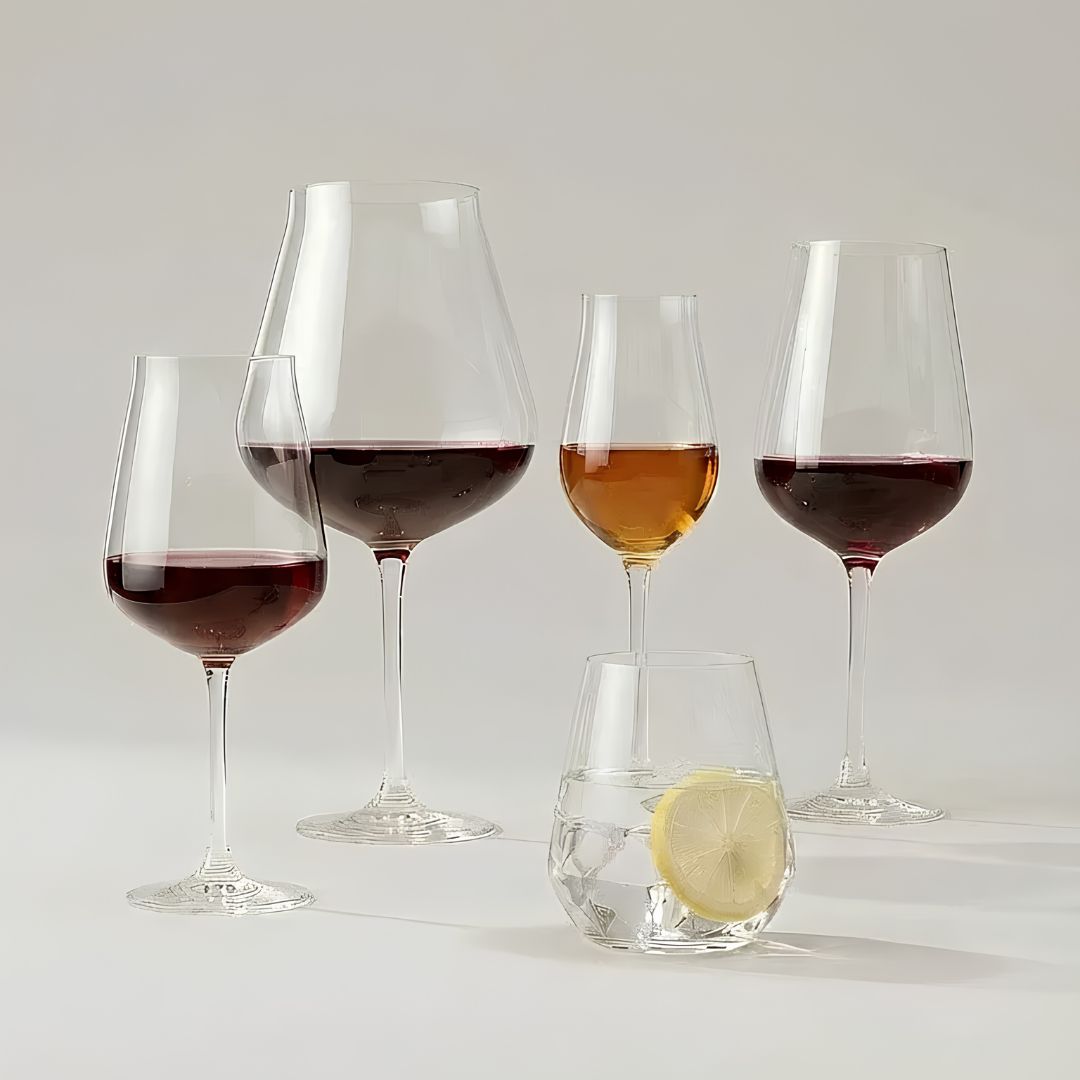 NUDE Salute crystal glassware collection with red wine, Burgundy, sherry glasses and a tumbler with lemon
