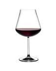NUDE Salute lead-free crystal Burgundy wine glass with red wine on a white background