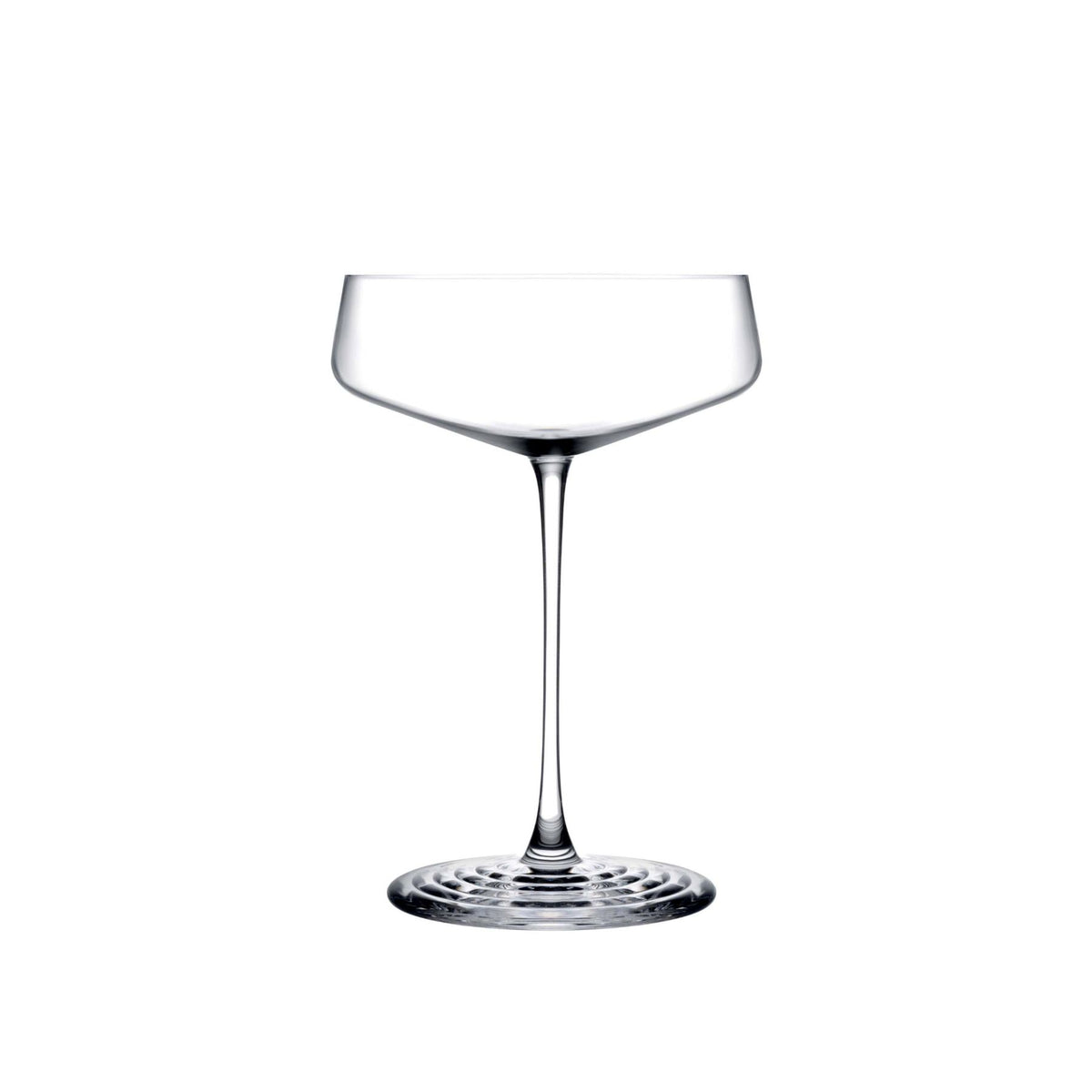 NUDE | Tom Dixon Splash Coupe glass, empty, shown on a plain white background, showing its wide shallow bowl and ripple foot base.