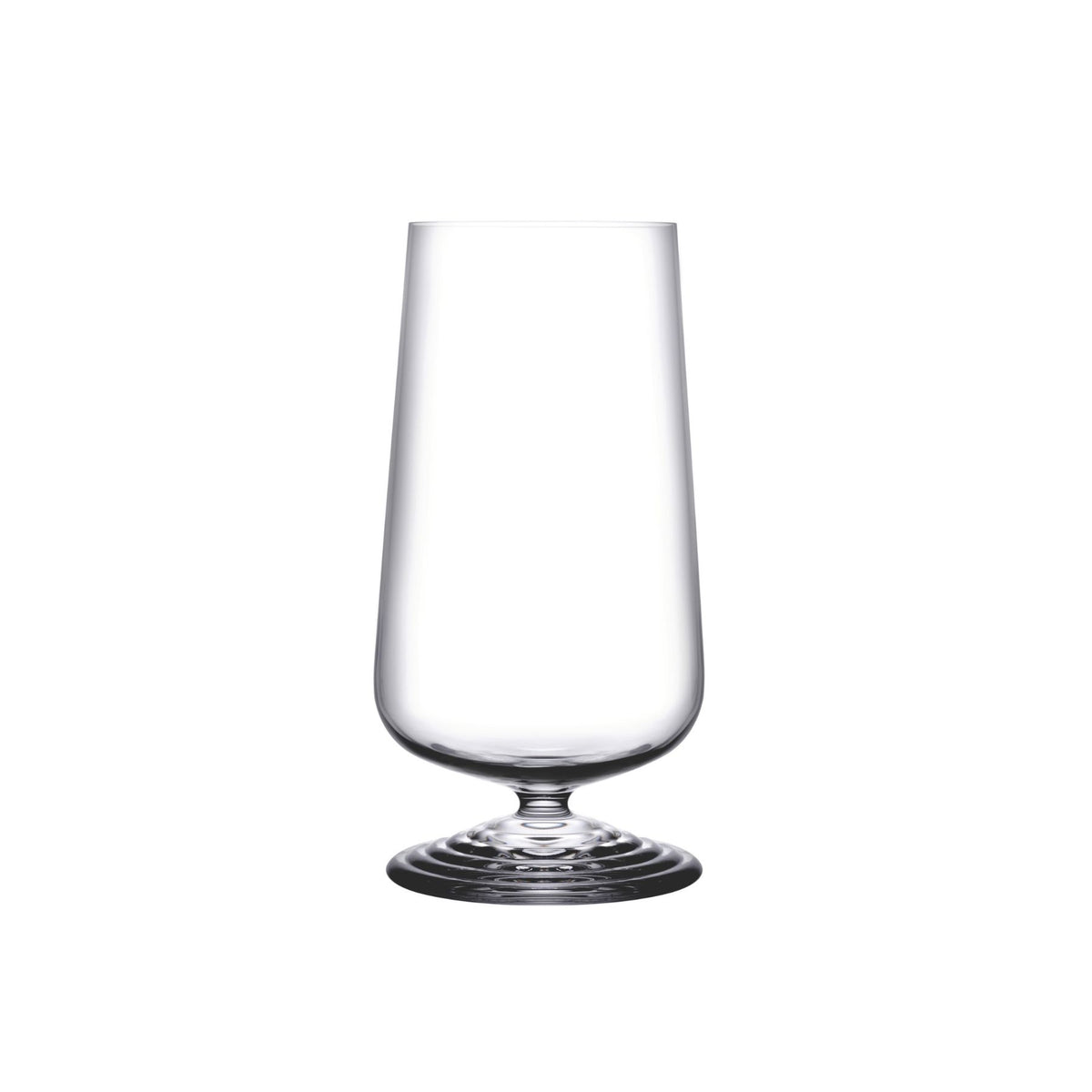 NUDE | Tom Dixon Splash Highball glass, empty, shown on a plain white background, showing its tall tapered bowl and ripple foot base.