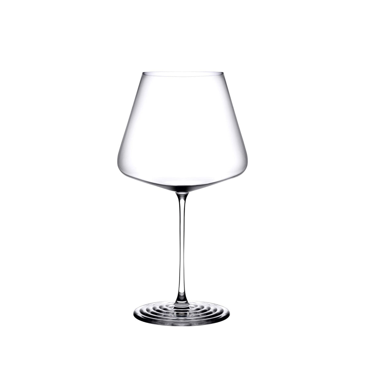 NUDE Splash Red Wine glass, empty, shown on a plain white background, showing its wide tapered bowl and ripple foot base.