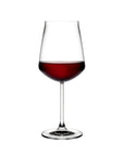 NUDE Salute red wine glass filled with red wine, timeless lead-free crystal design on a white background