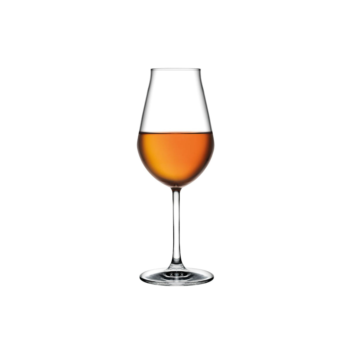 NUDE Salute lead-free crystal sherry glass filled with amber wine, tulip shape on a white background