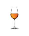 NUDE Salute lead-free crystal sherry glass filled with amber wine, tulip shape on a white background