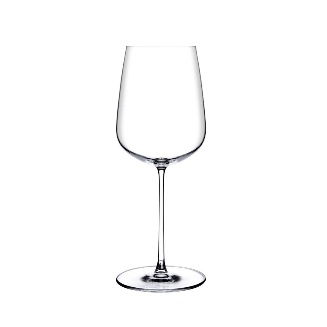 A clear stemmed NUDE Sera all purpose wine glass with a wide, gently flared bowl and a thin circular base, photographed on a plain white background.
