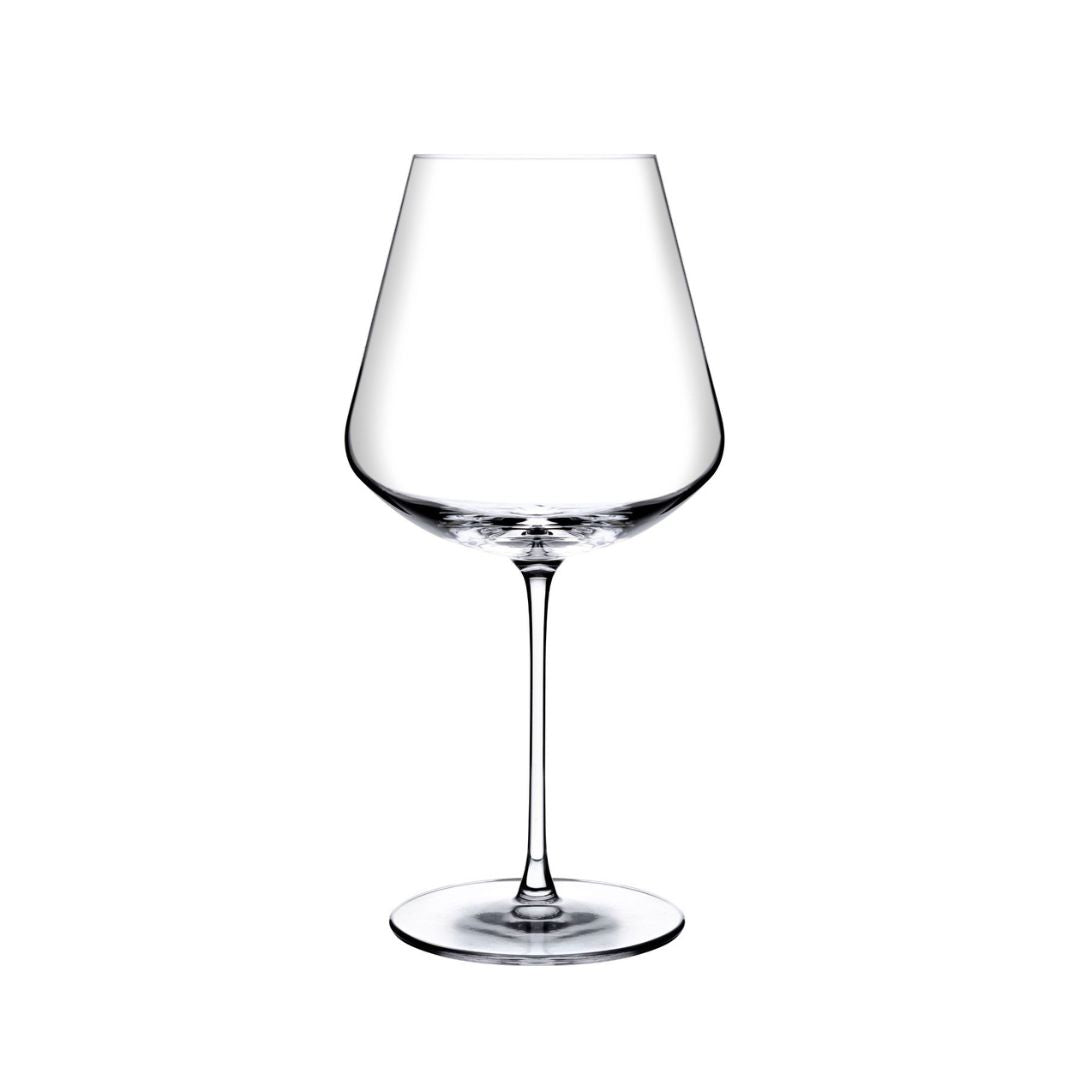 A clear NUDE Sera Red wine glass with a wide, gently flared bowl, a long slender stem, and a flat circular base, photographed on a plain white background.