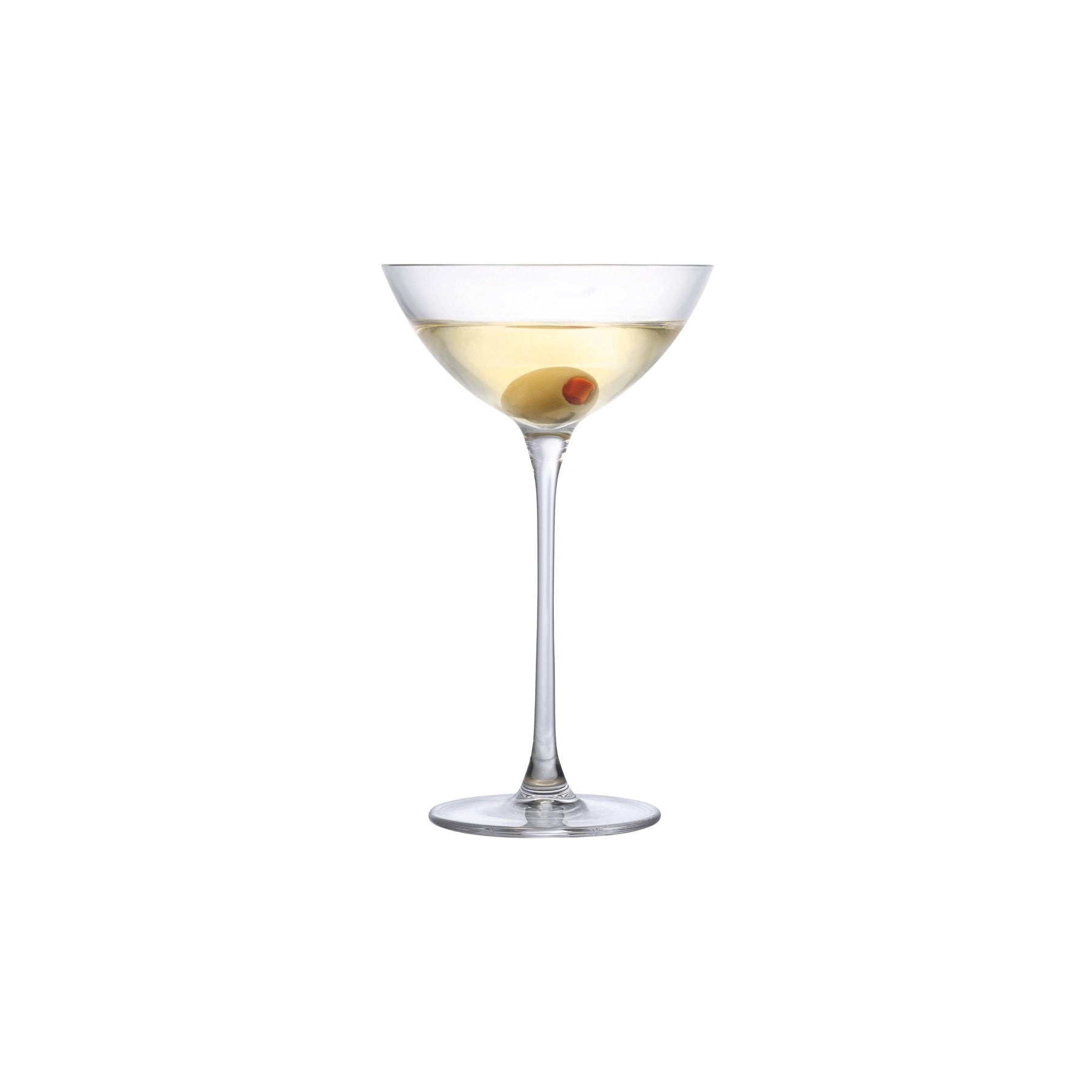 NUDE Savage coupetini glass designed by Remy Savage in a clear shot with a martini and olive in it