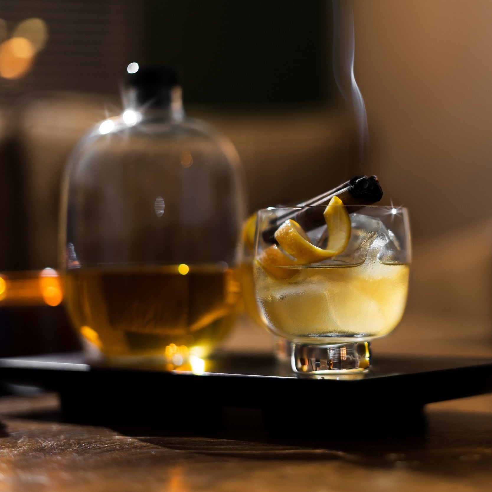 Malt Whiskey Bottle with Wooden Tray