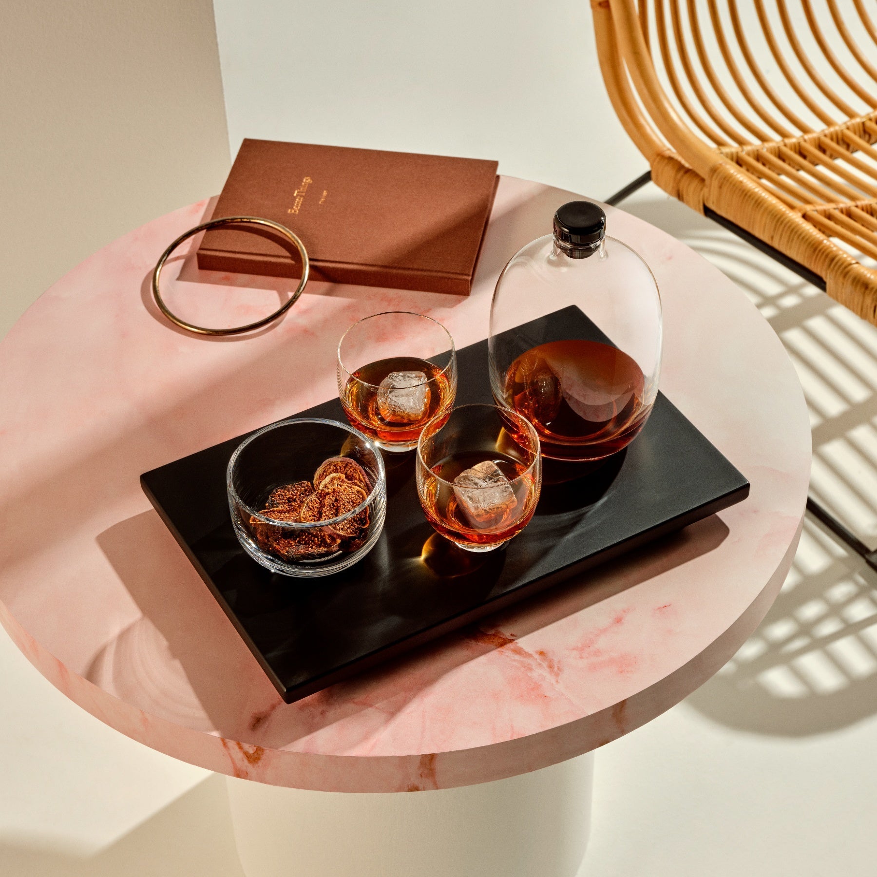 Malt Whiskey Bottle with Wooden Tray